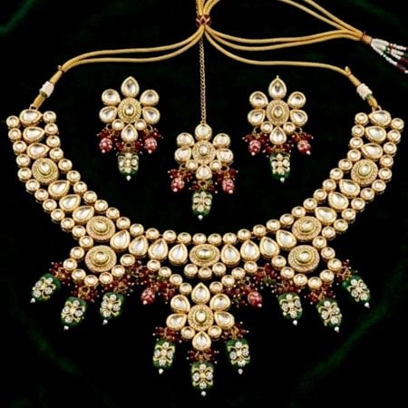 Handcrafted Royal Kundan Bridal Necklace Set with Maangtika